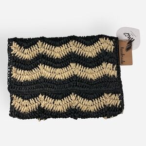IMO Imoshion‎ Black Beige Straw Boutique Clutch Chevron Stripe Coastal Chic